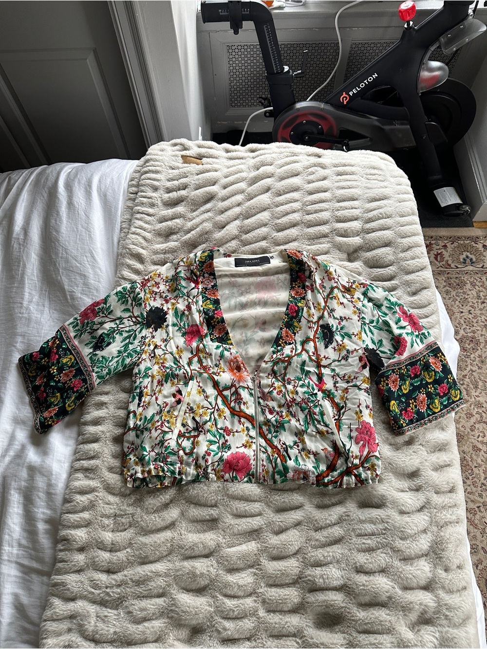 Zara White Floral Zip-Front Top with Green & Floral Print